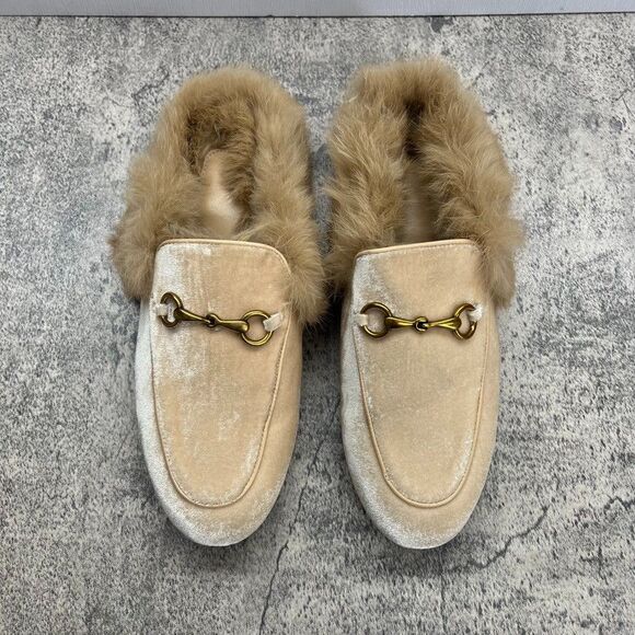 ARQA Womens Beige Suede Horsebit Slip-On Fur Trim Mule Slippers Size 42 - Picture 1 of 11